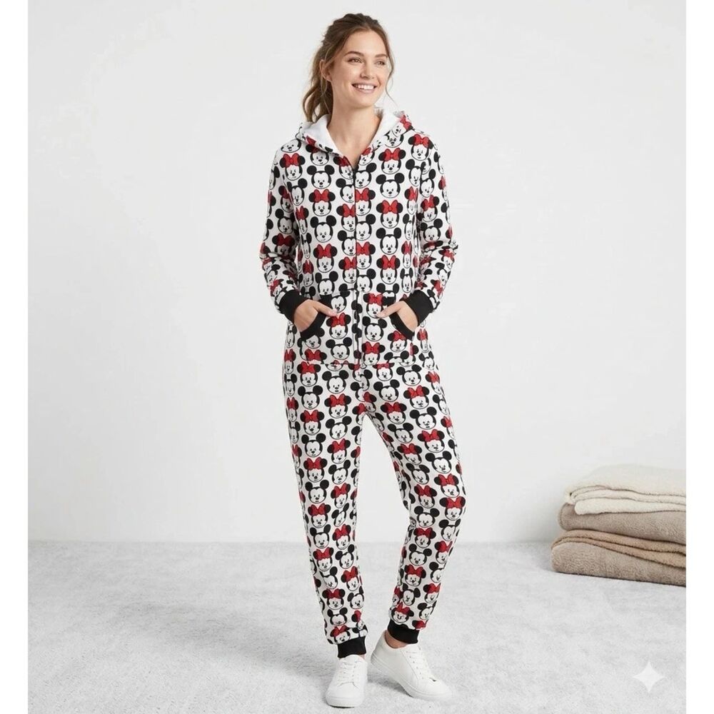 Disney Store Tsum Tsum Pajamas Womens Sz L Minnie Mickey Mouse Cotton Hood Ears